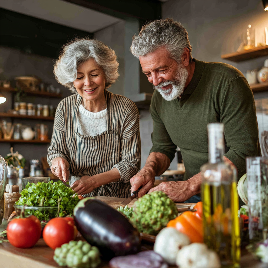 Mature woman and man cooking healthy vegetables and preparing nutritious meal together in modern kitchen