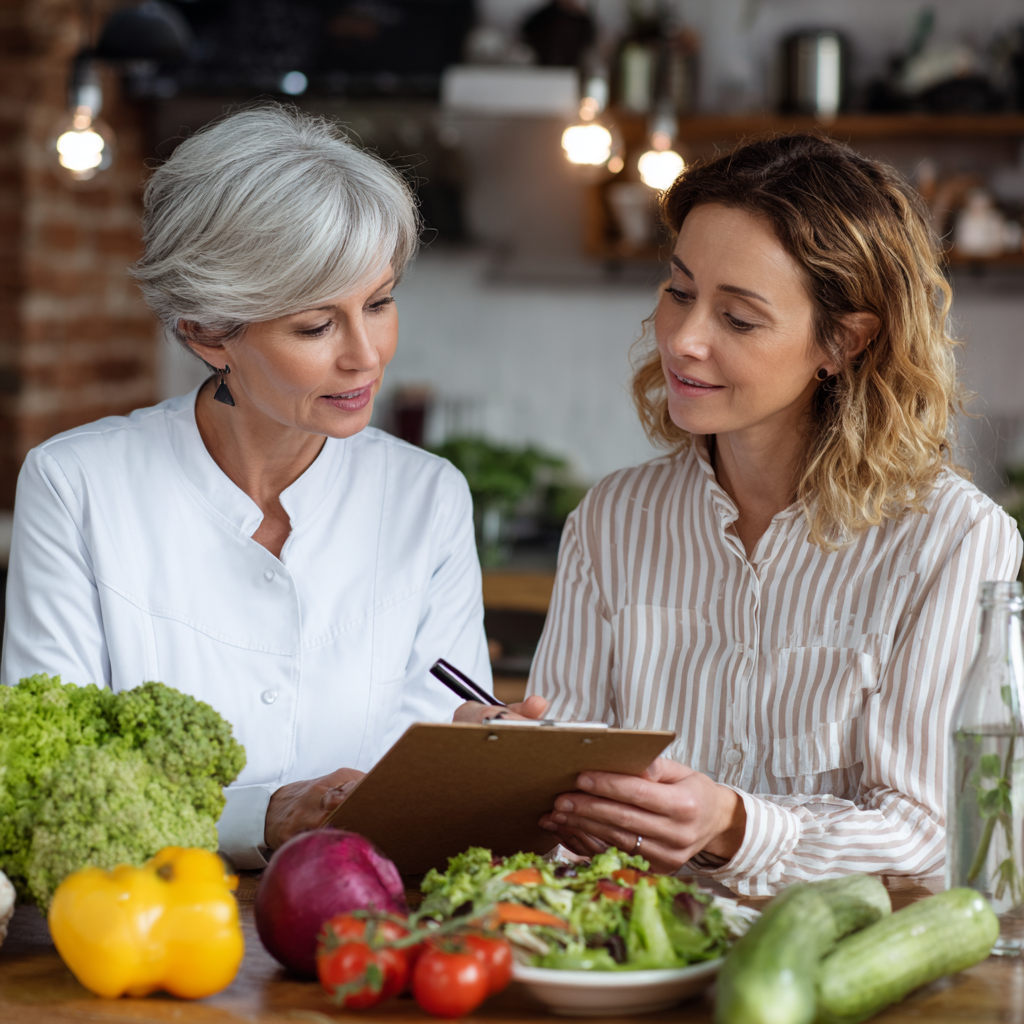Middle-aged nutritionist consulting with adult client about healthy meal planning